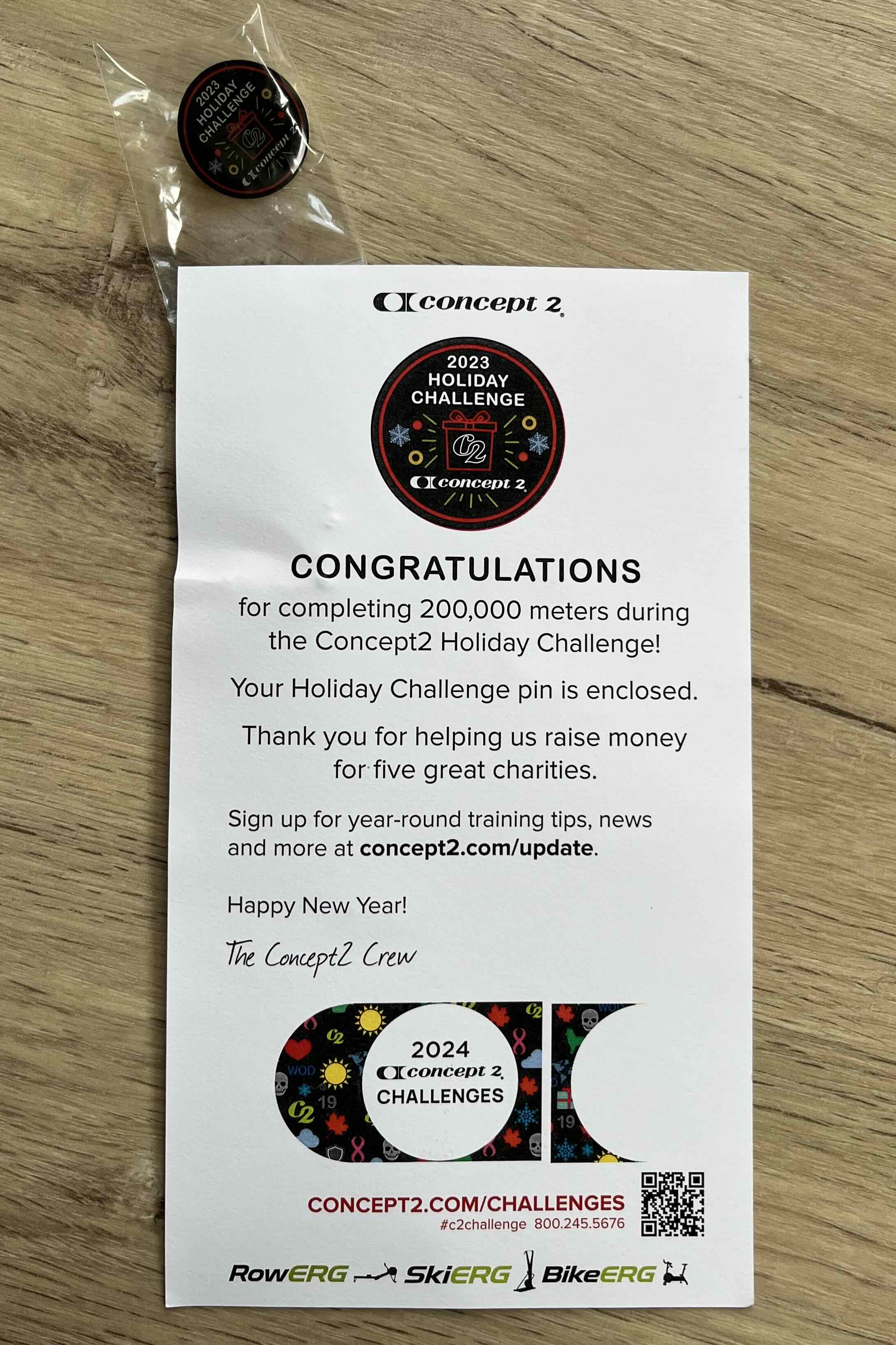 Pin provided by Concept2 for completing the Holiday Challenge in 2023